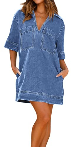 loveimgs Womens Summer Casual Denim Dress Short Sleeve V Neck Distressed Jean Dresses Mini Shirt Dress (Small,Light Blue)