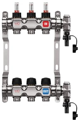 MD Technic Heizkreisverteiler Edelstahl 3 Heizkreise | Mit Durchflussmessern, Handventilen, Montage/Wandhalterungen, Endset zum Befüllen und entlüften, von 2 bis 12 Heizkreisen