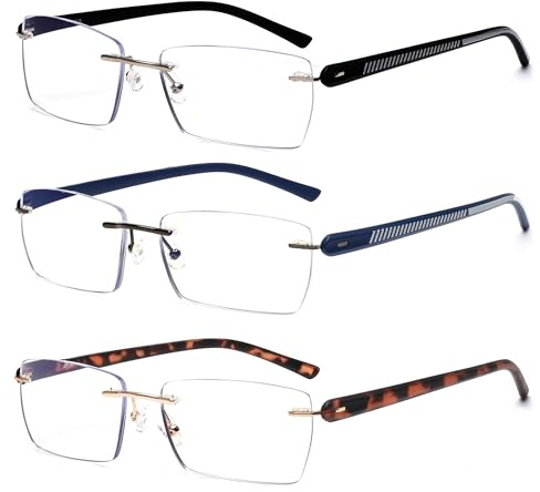 JM 3 Pack Randlose Lesebrille für Männer Blaues Licht Blocking, Rechteck Leichtes Rahmenlose Computer-Lesegeräte +1.5