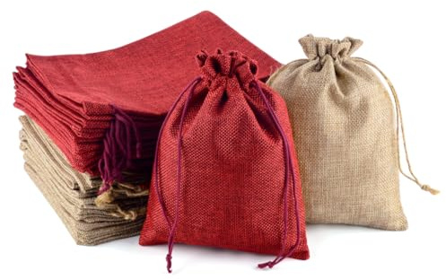 PLECUPE 30 Stück Jutebeutel, 15 x20cm Primärfarbe Stoffbeutel mit Kordelzug aus Hanfseil, Weinrot Jutesäckchen, Säckchen zum Befüllen, Lavendelsäckchen, Jutesack für Dekoration, Partys, Hochzeiten