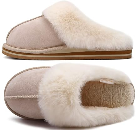 KuaiLu Womens Cozy Memory Foam Slippers Ladies Fuzzy Faux Fur Lined Warm Arch Support House Shoes Slip on Comfy Winter Scuff Indoor Outdoor Rubber Hard Sole Orthotic Plush Bedroom Apricot Size 8