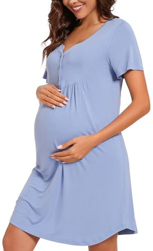 Jahetuul Chemise de Nuit Allaitement pour Femmes et Femmes Enceintes Chemise en Coton à Manches Courtes Col en V Allaitement Maternité avec Bouton Vetement Robe Grossesse Femme Boutonnée Devant Femme