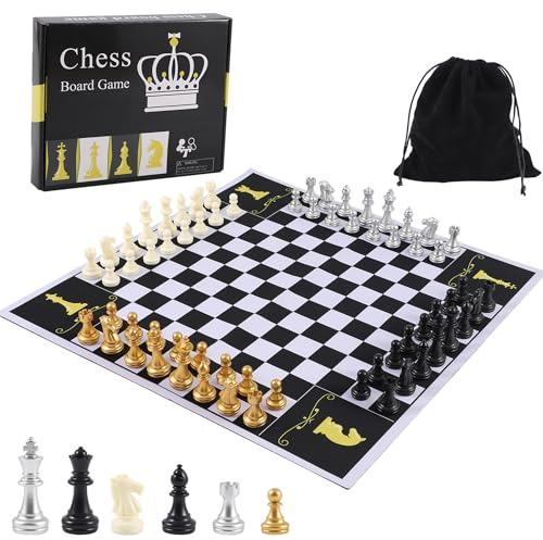 Four Players Chess Board Game Four Person Chess Set Game Unique Team Chess Set Mouse Pad Material with 4 Sets of Chess Pieces (64 Pieces) 2-4 Person Adult Game Portable Game Set (mat)