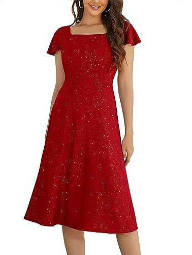 Berylove cocktailklänning dam kantig urringning festliga klänningar aftonklänning lång glitter balklänningar med ärmar bröllopsgäst klänning, röd, XL