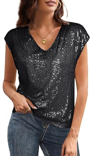 GRACE KARIN Damen Pailletten Bluse V-Ausschnitt Glitzer Oberteile Kurzarm Vintage Paty-Bluse Cocktail Club Night Outfits