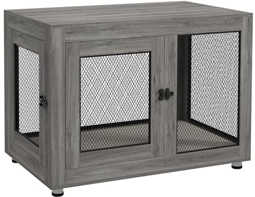 PawHut Hundekäfig Möbel mit 2 Türen waschbaren Kissen Moderne Stahl Hundebox für Zuhause Indoor Hundehütte für große Hunde bis zu 30 kg Hundehaus 94x60x71,5 cm Grau