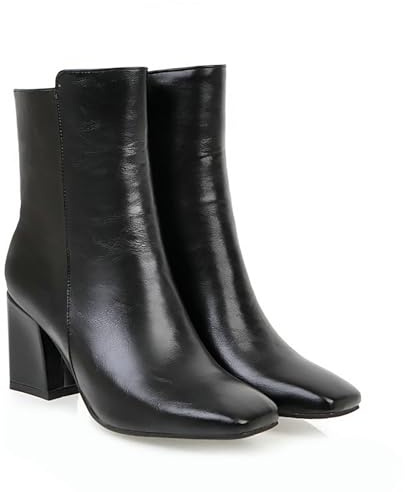 FQMAYPO Stivaletti Caldi da Donna Stivaletto con Tacco Basso A Blocco Grosso con Cerniera Stivaletto Chelsea A Punta Quadrata Autunno Inverno Stivali in Pelle di Vitello Medio,Nero,39 EU