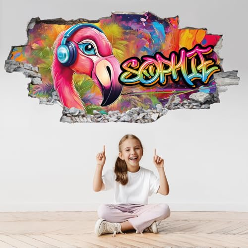 tjapalo P97 Aufkleber mit Vornamen, personalisierbar, 3D-Wandaufkleber, Kinderzimmer, Mädchen, selbstklebend, personalisierbar, Wandaufkleber, Kinder, Mädchen, Aufkleber mit Flamingo-Tag