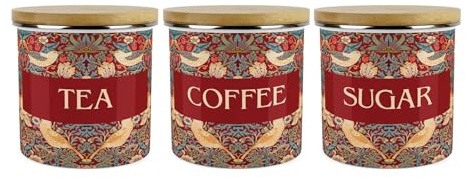 Red Strawberry Thief Tea Coffee Sugar Storage Canisters Set - Morris Inspired Floral Tapestry Artwork - Enamel Hot Drinks Containers Set of 3