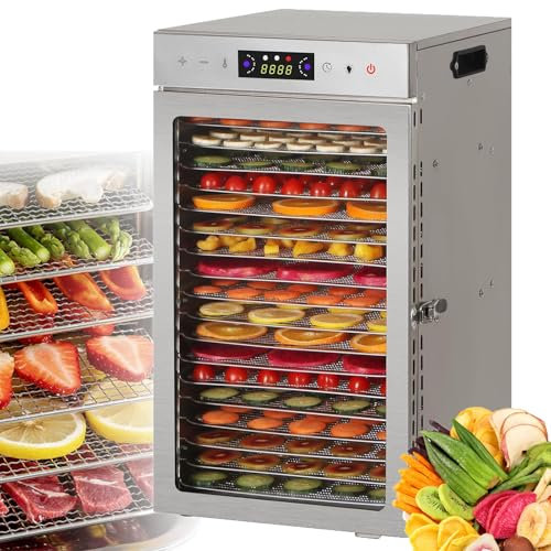 Deshidratador De Alimentos De 6/8/12/18 Bandejas, Secador De Frutas De Acero Inoxidable, MáQuina Secadora De Carne Con Bandejas ExtraíBles Control De Temperatura De 30℃-90℃ Temporizador De 24H,18-Tray
