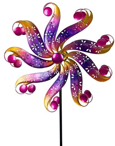 formano Moulin à vent coloré en métal - 128 cm - Décoration de jardin - Piquet de fleurs - Répulsif contre les pigeons - Pierres acryliques - Décoration extérieure - Fleur en métal
