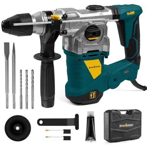 Enventor 1-1/4 Inch SDS-Plus 13A Heavy Duty Rotary Hammer Drill for Concrete Stone, Safety Clutch Electric Demolition Hammer Drill with 4 Functions, Vibration Control, Chisels, Drill Bits, Blue