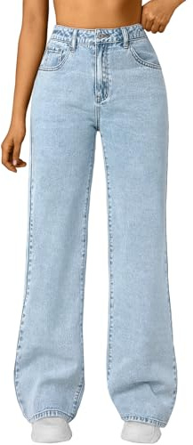 Trendy Queen Women's High Waisted Straight Wide Leg Jeans, Comfort Stretch Baggy Denim Pants SBlue 4