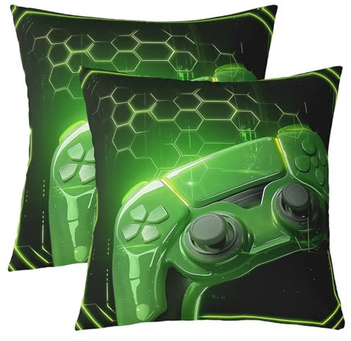 Loussiesd Kids 3D Gaming Pillow Covers for Home Sofa Bed Couch,Game Console Throw Pillow Covers 40x40cm,Game Controller Cushion Covers,Green Black Game Gaming Gifts 2pcs Pillowcases