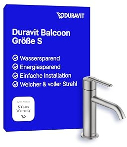 Duravit Balcoon Waschtischarmatur, Größe S (Auslauf Höhe 123 mm), energiesparende Waschbecken Armatur (FreshStart), wassersparender Wasserhahn Bad (MinusFlow), Bad Armatur, Edelstahl Gebürstet