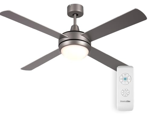 UNIVERSALBLUE, Ventilador de Techo Inox con luz 132 cm, 60W, 3 Velocidades, Aspas Reversibles Blanco/Inox, con Mando a Distancia, Temporizador, Modo Invierno, Silencioso