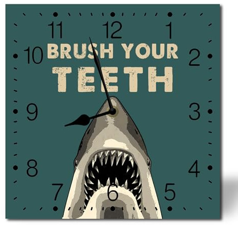 Horienteeon Brush Your Teeth Battery Operated Square Wood Silent Non Ticking Wall Clock 25cm, Rustic Farmhouse Style Wall Clocks for Coffee Home Bathroom Washroom Funny Restroom Toilet