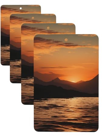 4 Stück Auto-Lufterfrischer, dekorative Auto-Lufterfrischer-Karte, langanhaltender Hängerduft, duftend, Berg und Wasser bei Sonnenuntergang, Auto-Aromatherapie-Tabletten, Rückspiegel-Anhänger für