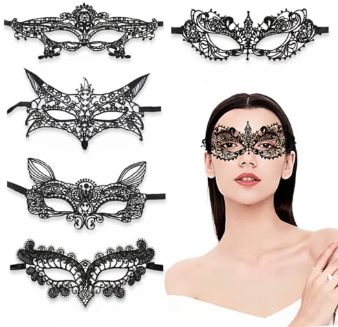 KOQAIIZ Maschera Pizzo Nera, 5 Pezzi Maschera Veneziana Donna Pizzo, Maschera Mezzo Viso, Mascherina Maschera Occhi da Ballo per Donna Uomo Carnevale Halloween Festa