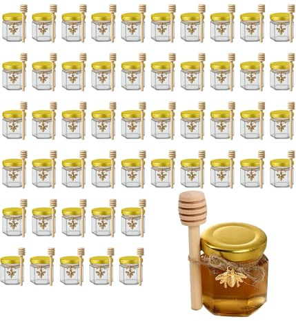 50 Pack 1.5 oz Hexagonal Honey Jars for Honey with Wooden Dipper bee Charms Thank You Cards Burlap Fabric Twine String for Baby Shower Wedding Party Favors Gifts