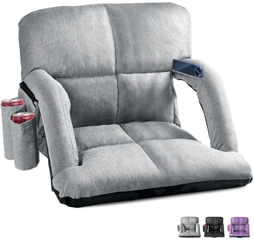 Wide Stadium Seats with Back Support, Bleacher Chairs with Back and Cushion, 6 Reclining Positions, Stadium Chair Bleacher Seat with Armrests for Sport Events, Camping, Concerts (Grey, 22.5)