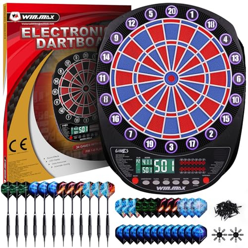 WIN.MAX Set di freccette elettroniche con punta morbida, display a LED, 3 Languges con 12 freccette 100 punte, adattatore di alimentazione blu con Lights