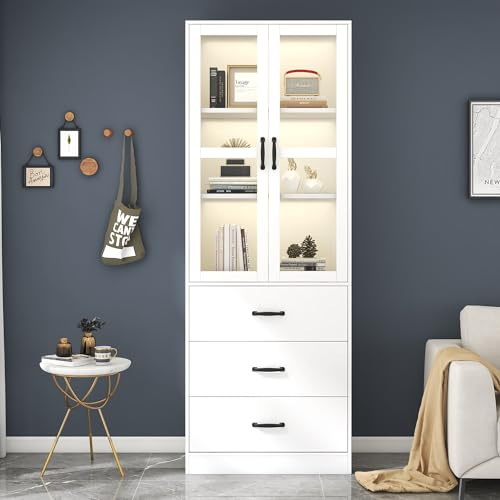 Kebnor Weiße Vitrine 200 cm hoch, Standvitrine mit 3 Schubladen und 2 beweglichen Trennwänden, 2 Glastüren, LED-Beleuchtung - eine stilvolle Ergänzung für Ihre Sammlung! (60 * 40 * 200cm)