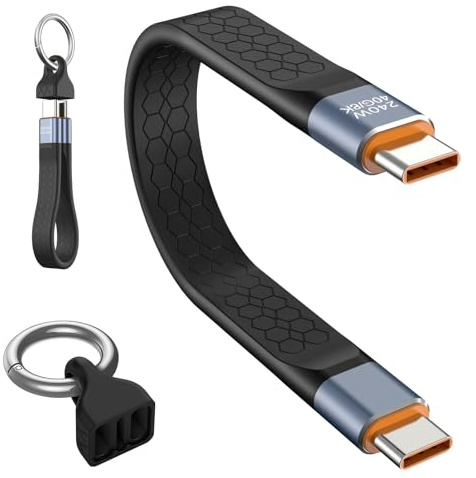 AOOSU Kort USB C-kabel 13 cm, bärbar nyckelring design, 240 W typ C hane till hane 40 Gbps snabbladdning dataöverföring flexibel kabel FPC för iPad telefoner surfplatta enhet - svart