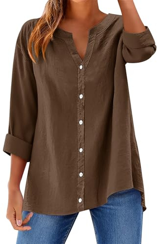 Rapbin Damblus, elegant bomull, V-ringad skjortblus, långärmad button down, lös långärmad skjorta, enfärgade toppar, blusskjorta, kaffe, XXL