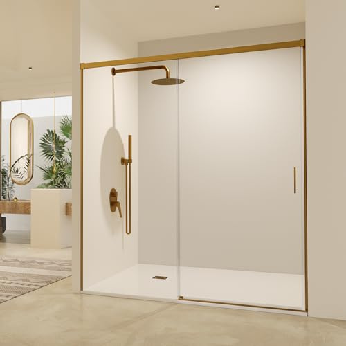 IMEX - Mampara Ducha Dorada Frontal 1 Fija + 1 Corredera 140cm | Mampara de Cristal Reversible con Ancho Adaptable 136 a 141 cm | Perfilería de Aluminio con 195cm de Altura y Cristal Templado Antical