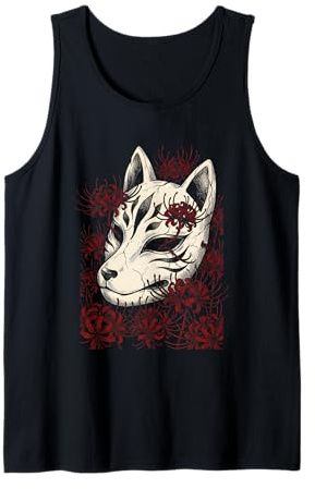 Kitsune Maschera Volpe Spirito Ragno Rosso Giglio Fiore Yokai Art Canotta