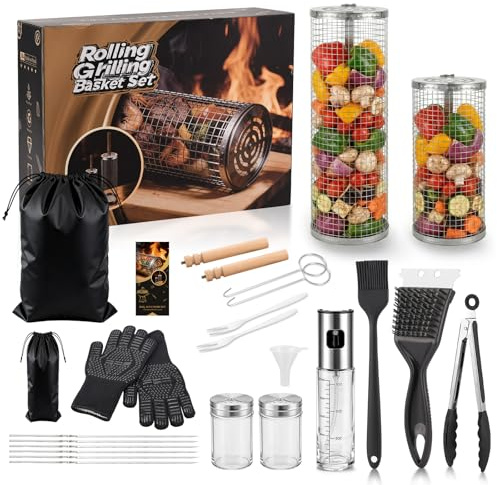 Clheatky 18 PCS Rolling Grill Basket Set, 304 Stainless Steel, Complete BBQ Accessories Set with Tongs, Heat-Resistant Gloves, Oil Sprayer, Grill Skewers, Cleaning Brush, Bag, Gift for Man Dad Camping