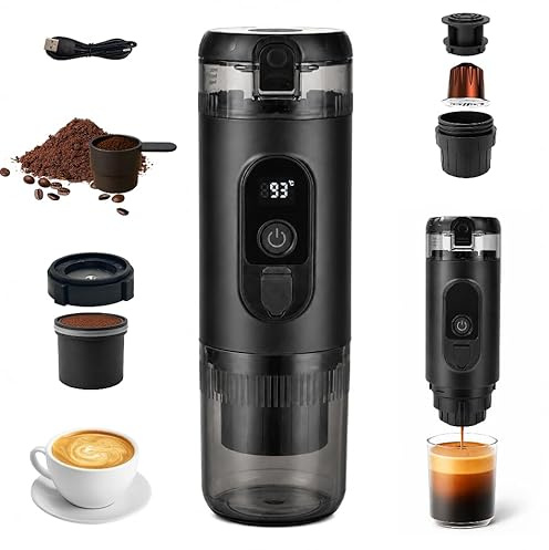 Macchina da caffè espresso portatile, 20 bar, ricaricabile, 2 in 1, per caffè macinato e capsule Nespresso, estrazione calda/fredda con tazza integrata, per campeggio, viaggi, ufficio e casa