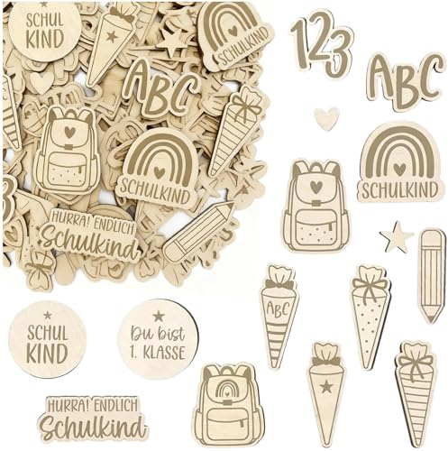 200 Stück Tischdeko Einschulung Holz, Einschulung Deko Set mit ABC 123 Motiven, Schulkind Deko Streustücke für Schulanfang Junge Mädchen, Konfetti für 1. Klasse Einschulungsfeier