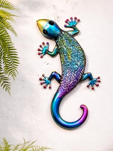 KAMACA XL Metall Gecko Wanddeko 62 cm – Große Gartenfigur Echse aus Metall, Garten Deko & Wanddeko für Balkon, Terrasse, Wohnzimmer & Hauswand, Regenbogenfarbig