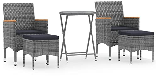 pokgdf 5-teiliges Bistro-Set für Balkon und Terrasse aus Poly Rattan mit Hartglasplatte als klappbarer Gartentisch mit Stühlen und ergonomischen Gartenstühlen mit Auflagen in Einer