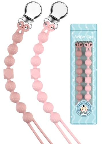 Dummy Clip Girls, 2 Pack Silicone Pacifier Chain, Soother Holder Strap, Pink