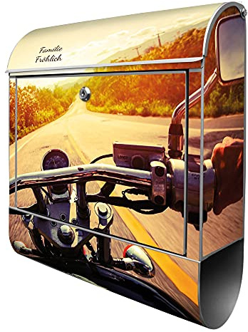 banjado Design Briefkasten personalisiert 38,5x46,5x13cm & 2 Schlüssel - Briefkasten Stahl Silber Zeitungsfach pulverbeschichtet - Postkasten A4 Einwurf inkl. Montagematerial - Motiv Easy Rider