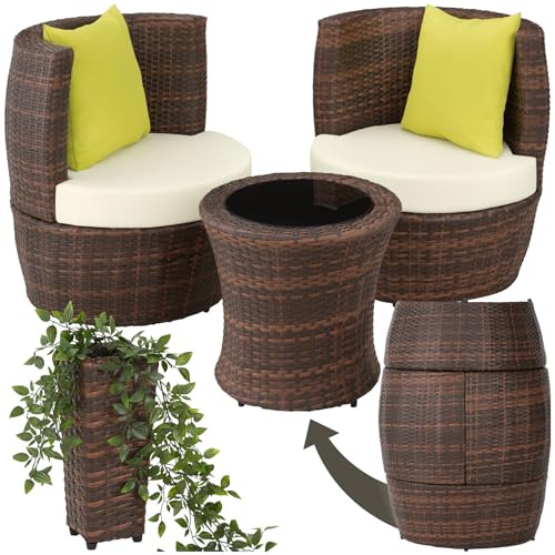 tectake® Set di Mobili da Giardino, Poli Rattan e Alluminio, 2 Sedie, 1 Tavolo, 1 Vaso, Cuscini, Sedia da Esterno, Poltroncina, Set Balcone, Poltrona Giardino, Tavolo con Sedie Esterno - Nero/Marrone