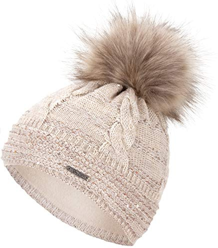 Faera Wintermütze Mütze Damen Pailletten warm gefüttert Bommelmütze Fleecefutter Winter Mädchen Weihnachten Strickmütze Beanie