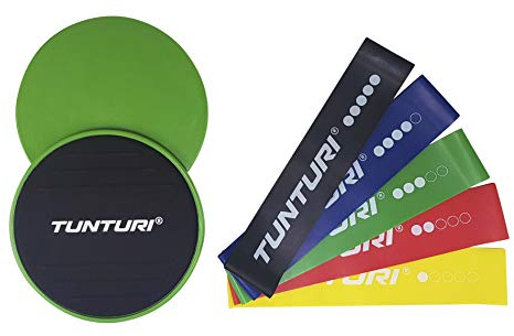 Tunturi Fitnessset mit 5 Widerstandsbänder verschiedener Stärken und 2 Core Sliders für Teppich und Hartböden, Gleitscheiben und Fitnessbänder für Yoga, Pilates, Krafttraining