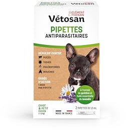 Clément Thékan - Vétosan Pipettes Antiparasitaires - Chiots et Petits Chiens - À l'extrait de pyrèthre et d'huile Essentielle de lavandin - 2 pipettes