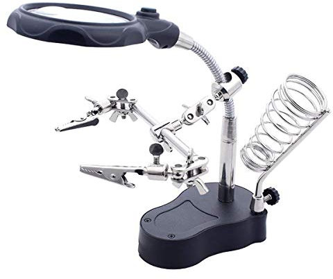 LED Dritte Hand mit 65mm Lupe und licht, Vergrößerung beleuchtete helfende Hand mit Klemme, Lötkolbenhalter und Krokodilklemmen - Zum Löten, Reparatur, Hobby und Handwerk