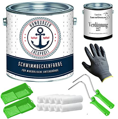 Hamburger Lack-Profi Schwimmbeckenfarbe SEIDENMATT Perlweiß RAL 1013 Weiß Für Beton Poolfarbe Schwimmbadfarbe Schwimmbeckenbeschichtung mit Lackier-SET (X300) &Verdünnung (1 L) (10 L)