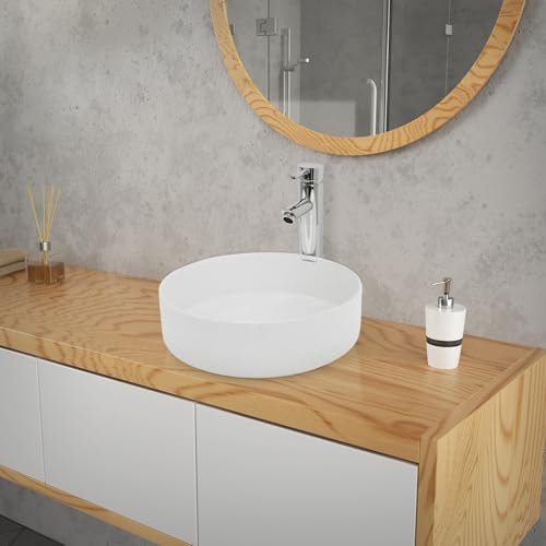 ECD Germany Design Waschbecken Waschtisch Ø 355 x 120 mm aus Keramik Rund Weiß - Aufsatzbecken Aufsatzwaschbecken Handwaschbecken Aufsatzwaschtisch Spülbecken Wasserfall Waschschale Waschschüssel