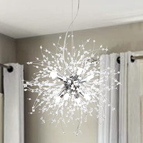 LynPon Modern Firework Chandeliers Dandelion Pendant Light, Chrome Silver 8 Lights G9 Lamps Alloy Fixtures, Crystals Chandelier Lighting Fixture for Living Room, Bedroom, Dining, Foyer, Hallway, Shop