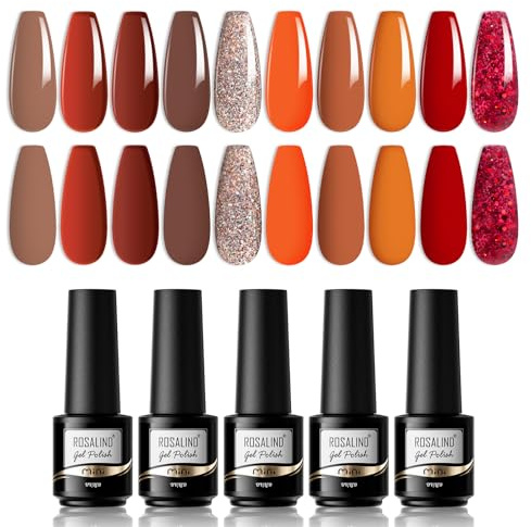 ROSALIND UV Gel Nagellack Braun Rotwein Glitzer Rot Set, 10 Farben Gellack UV Nagellack Gelb Orange Red Brown Nail Art Soak Off Gel Nail Polishes Set für Nagel Design