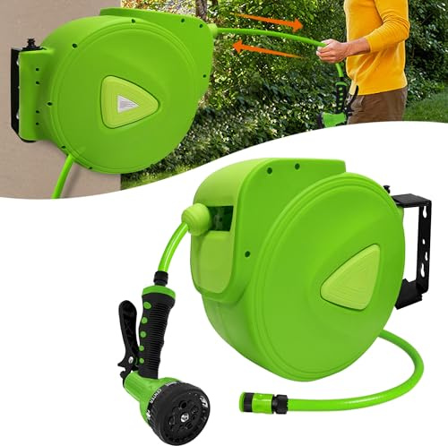 Aufun Schlauchtrommel Wasser 30m+ 2m automatisch mit Handbrause und Gartenschlauch, 3/4 Anschluss 180°schwenkbar, Wandhalterung Multi mit Tragegriff für Garten, Bewässerung, Autowäsche(Grün)