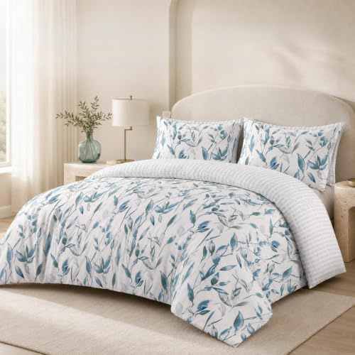 SeventhStitch Duvet Cover Set with Pillowcases 3 Piece, Floral Printed 200 Thread Count 100% Super Soft Fiber White & Blue Duvet Cover Bedding Set Double King Super King Bed Size (King)