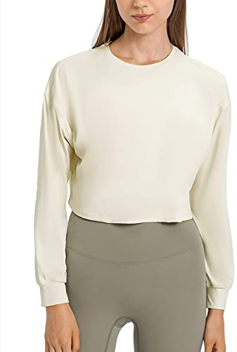 Hanyomo Donne Manica Lunga Top Corto Fitness Felpe Senza Cappuccio Atletico Magliette da Palestra Ritagliato Felpe Beige M
